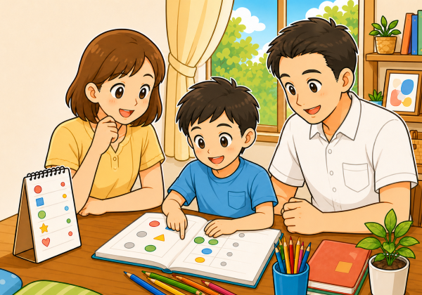 発達障害で学習の遅れのある男の子をサポートする両親