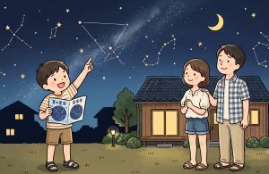 夏休みに星座観察する親子