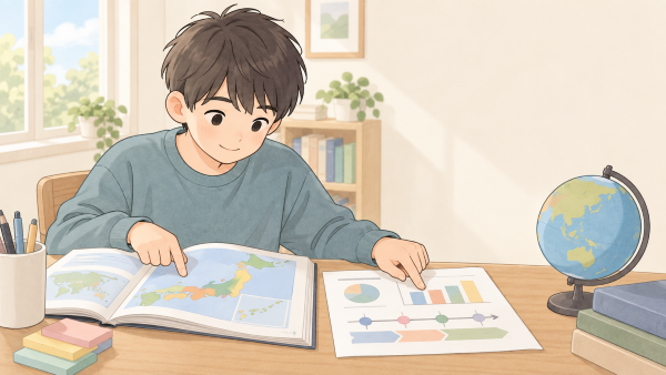 テスト前に社会の勉強をする男の子