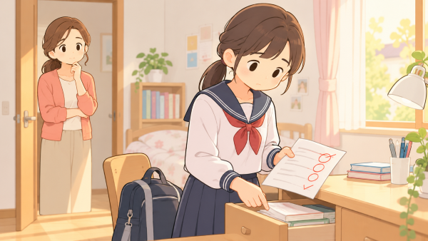 返却されたテスト用紙を即しまう女の子