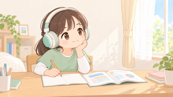 音楽を聴きながら勉強する女の子