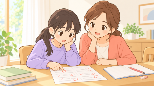 返却されたテスト用紙を親子で見直ししている