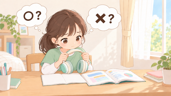 音楽を聴きながら勉強するのが良いのか悪いのか悩む女の子