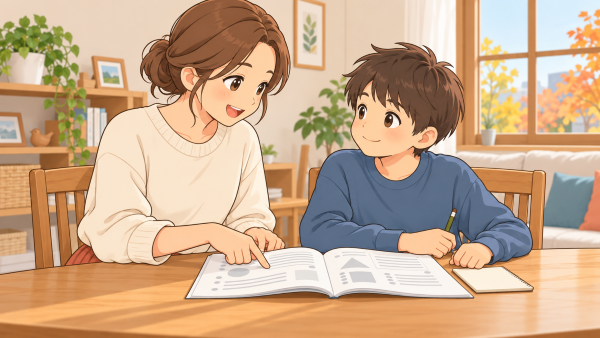 聴覚優先の男の子が母親にテキストを読み上げてもらっている